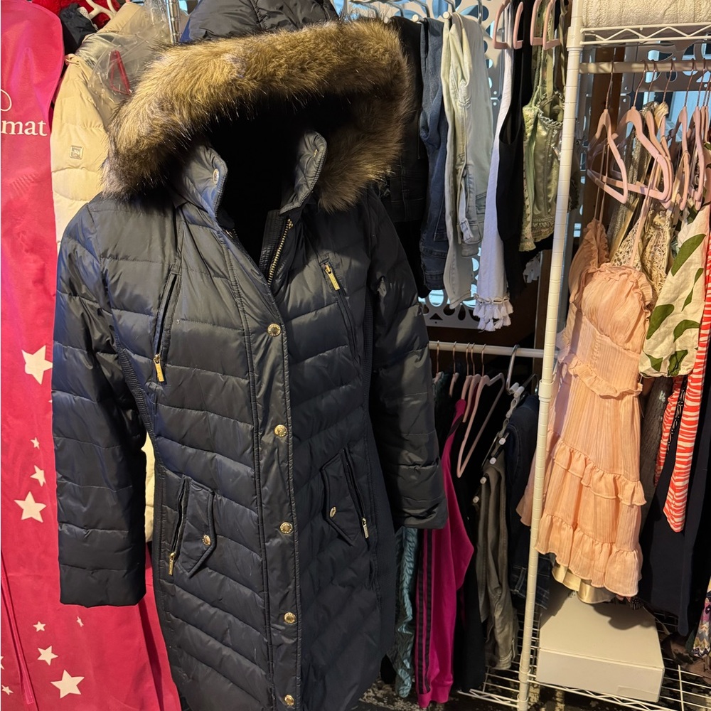 Navy Puffer Coat with Faux Fur Hood